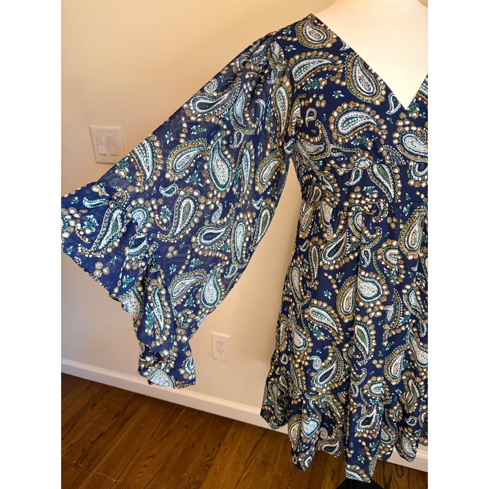 Betsey Johnson Navy Paisley Bell Sleeve Ruffle Babydoll Mini Dress V-Neck Size 2